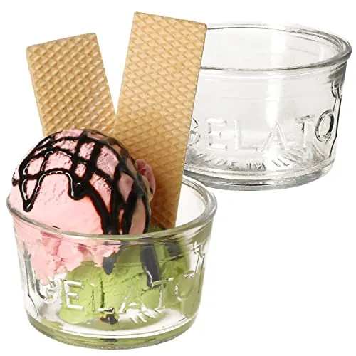 MamboCat 2er Set Gelato Glas-Eisbecher I 150 ml I Ø 9 cm I Dessert-Schale, Eisgläser zylindrisch I Klauenglas I mit Relief - Rahmen & Schrift I transparent