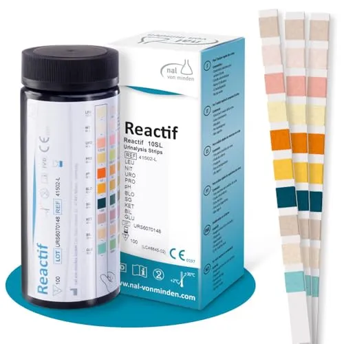 Reactif 100x Urin Teststreifen 10 Parameter - Urinteststreifen & Harnteststreifen Selbsttest für Harnwegsinfekt, Blasenentzündung, Ketose, Diabetes, pH-Wert, Glucose & Blut