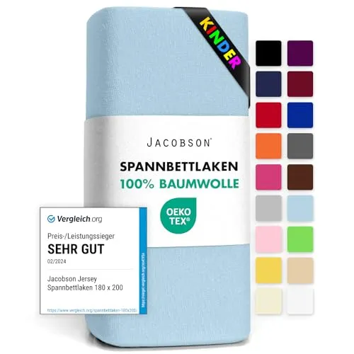 Jacobson Jersey Spannbettlaken Spannbetttuch Baumwolle Bettlaken (60x120-70x140 cm, Hellblau)