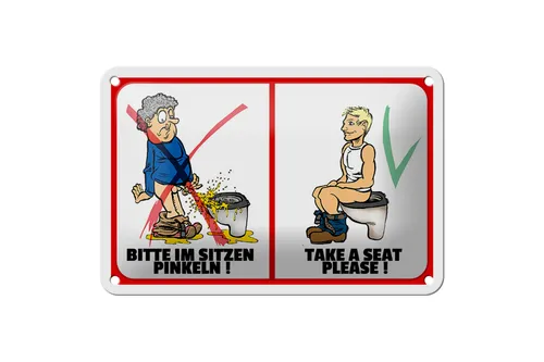 Blechschild Hinweis 18x12cm Bitte im Sitzen pinkeln Metall Deko Schild