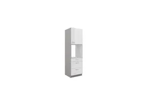Küchen Hochschrank 60 Bianca Weiß Hochglanz + Grau - Einbauküchen-Komponenten mit 3 Schubkästen und einem offenen Fach, ideal für stilvolle und funktionale Küchenlösungen.