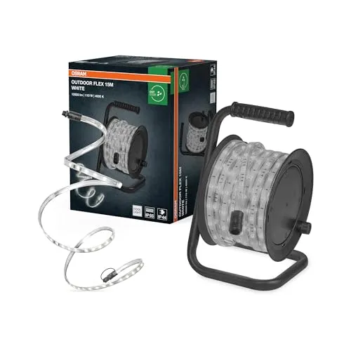 Osram Outdoor Flex LED Streifen 15M IP65 – Kaltweiß, erweiterbar - Robuster LED Streifen mit IP65-Schutz für den Außeneinsatz. Ideal für Gärten und Renovierungen, erweiterbar auf bis zu 50 m. Inklusive Kabeltrommel und Montagezubehör für einfache Installation.