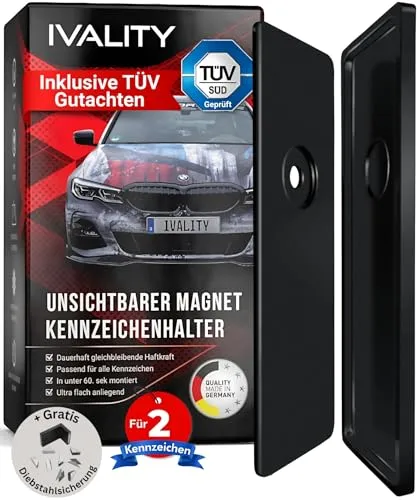 IVALITY Kennzeichenhalter Magnet - Premium Set für 2 Alu Kennzeichen - Kennzeichenhalter, 100% legal und mit den stärksten Magneten weltweit, ideal für Tuning und Auto Zubehör. Inklusive Mikrofasertuch und Montagematerial für einfache Installation.