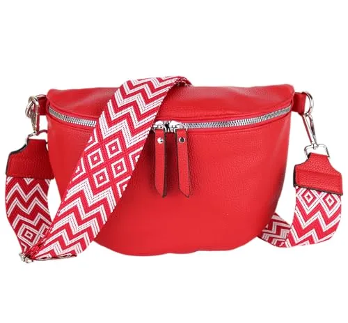MIRROSI® Bauchtasche Damen aus Veganleder, Rot, 26x18x9cm - Stylische Bauchtasche mit breitem, verstellbarem Schultergurt, ideal für den täglichen Einsatz. Inklusive Schlüsselband und Münzenbeutel, hochwertige Verarbeitung für vielseitige Tragemöglichkeiten.