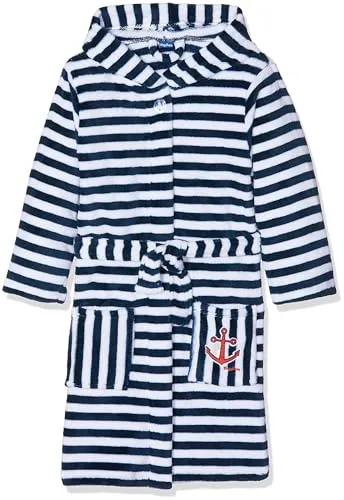 Playshoes Unisex Kinder Fleece-Bademantel Morgenmantel, Ringel, 146/152 - Bademantel für Baby-Jungen, flauschig weich mit großer Kapuze und Knopf im Halsbereich für sicheren Halt. Ideal zum Aufwärmen nach dem Schwimmen oder zu Hause.