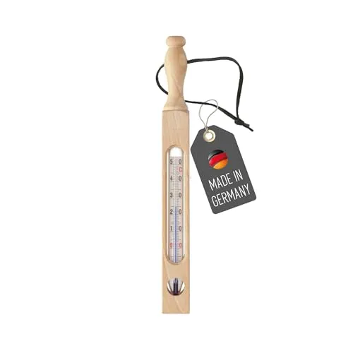 Lantelme Holz Badethermometer Buche mit Lederschlaufe Temperaturanzeige bis 50°C | Analog Thermometer Klassisch Nostalgisch | Badezwinge Bade Badewasser Badewanne