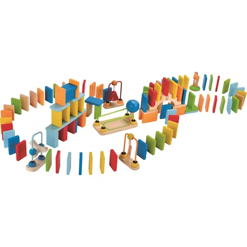 Hape Domino-Set aus Holz | Preisgekröntes Dominospiel für Kinder - Kunststoffspielzeug mit über 100 bunten, stabilen Dominosteinen aus Holz, fördert MINT-Fähigkeiten und kreatives Bauen; inklusive Spezialbauteilen für zusätzlichen Spielspaß.