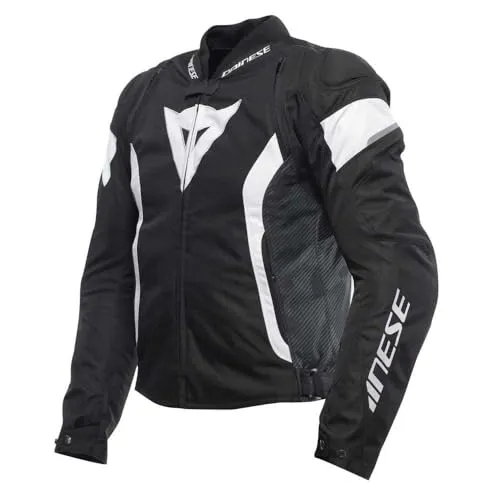 Dainese Avro 5 Tex Motorradjacke für Männer, Schwarz/Weiß, Größe 44 - Robuste und zertifizierte Motorradjacke aus D-Synth 350 Gewebe mit abnehmbaren Protektoren. Ausgestattet mit Lüftungsschlitzen und praktischem Befestigungssystem für optimalen Komfort beim Fahren.