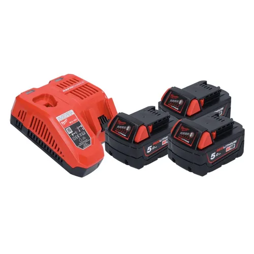 Milwaukee M18 NRG-503 Akku Starter Set 18 V - Zubehör für Elektrowerkzeug mit 3 leistungsstarken M18 B5 Akkus (5,0 Ah) und schnellem M12-18 FC Ladegerät für maximale Einsatzbereitschaft.