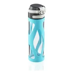 Leifheit Glas Flip Trinkflasche 600 ml - wasserblau - Nachhaltige Trinkflasche aus Glas, 100% dicht und auslaufsicher. Mit praktischem Push-Button für einhändiges Öffnen und zusätzlicher Verriegelung für sicheren Transport.