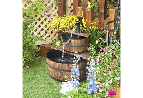 Outsunny Holz Springbrunnen für Garten und Terrasse - Wasserspiele: Kaskadenbrunnen aus massivem Tannenholz mit Vintage-Lasur für ländlichen Charme und entspannendes Plätschern im Freien oder Innenbereich.