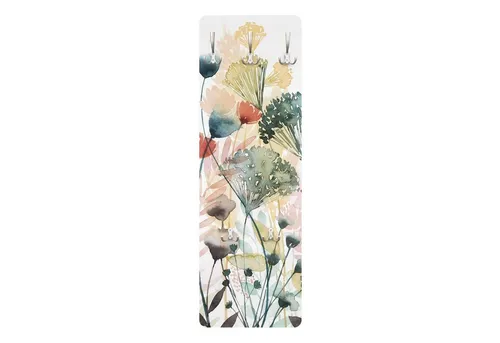 Bilderdepot24 Garderobenpaneel weiss Aquarell Blumen Floral Kunst Landhaus Wildblumen im Sommer I (ausgefallenes Flur Wandpaneel mit Garderobenhaken Kleiderhaken hängend), moderne Wandgarderobe - Flurgarderobe im schmalen Hakenpaneel Design