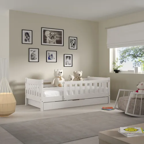 Masseno Kinderbett ELSA 80x160 cm mit Schublade und Rausfallschutz - Weiß - Klassisches Kinderbett ELSA aus Kiefernholz mit praktischer Schublade für mehr Stauraum. Ideal für Jungen und Mädchen, bietet es sicheren Schlafkomfort und Platz für Spiel und Lernen.