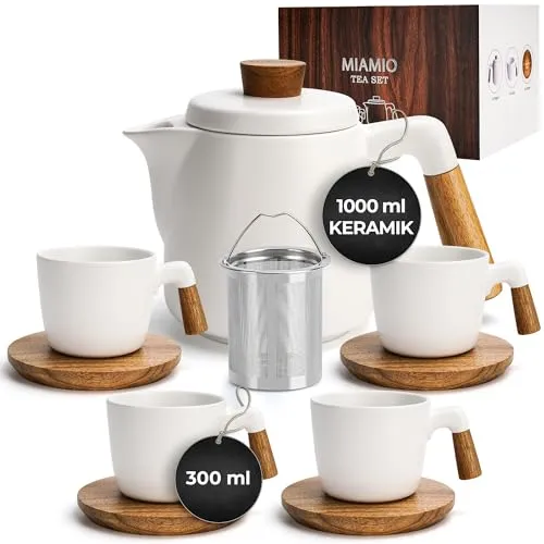 MiaMio Teeservice 1 Liter - 5-teiliges Keramik-Set mit Siebeinsatz - Teeservice aus weißer Keramik, ideal für Teeliebhaber mit 1 Liter Teekanne und 4 Tassen (je 300 ml) für perfekten Teegenuss.