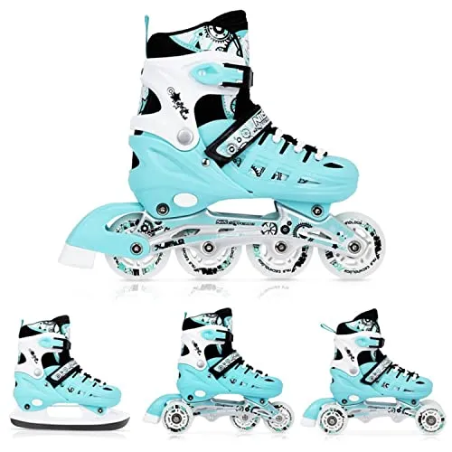 NH10905 4w1 Miętowe Inliner M (35-38) - Vielseitige 4-in-1 Inliner mit Hockeykufen, ideal für Spaß und Bewegung im Freien, perfekt für alle, die ihre Fahrtechnik verbessern möchten.