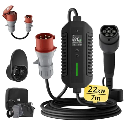 dé Mobile Wallbox 22kW - Tragbare Ladestation für Elektrofahrzeuge - Mobile Wallbox mit 22kW Ladeleistung, keine Installation nötig. Ideal für Zuhause oder unterwegs, inklusive 7m Typ-2 Kabel. Robust und wetterfest, perfekt für die meisten Elektrofahrzeuge.