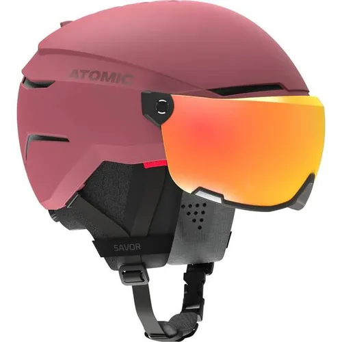 Atomic Savor Visor Stereo Skihelm maroon - 59-63cm - Skihelm mit integriertem Visier und Stereo Lens Technologie für 100% klare Sicht. Holo Core Polsterung bietet leichten Schutz und optimalen Tragekomfort.