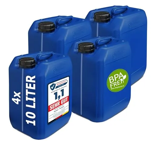 plasteo® 4er Set 10L Getränke-Wasserkanister | BPA-frei | Lebensmittelecht - Robustes 10L Kanister-Set für Getränke, perfekt für Camping und Outdoor. Lebensmittelecht, luftdicht und stapelbar. Hergestellt in Deutschland mit UN-Zulassung für vielseitige Anwendungen.