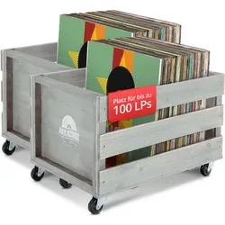 Stagecaptain SPK-100 GY Schallplattenkiste "Emil" Grau 2x Set - Zubehör für Möbel, stilvolle Aufbewahrungsboxen aus Vollholz im Retro-Design mit 4 lenkbaren Rollen, ideal für bis zu 100 Schallplatten und vielseitig einsetzbar.