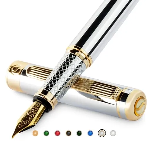 Scriveiner Füllfederhalter, Chrom, silberfarben – toller Kugelschreiber mit 24-karätigem Gold-Finish, Feder 18 Karat (mittel), ideales Set für Damen und Herren, Profi, Direktor, Büro, schöner