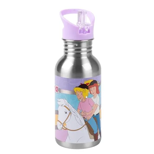 United Labels Bibi & Tina Edelstahl Trinkflasche mit Strohhalm 500 ml, auslaufsichere Flasche, BFF Pferde Wasserflasche für Schule, Büro und Freizeit