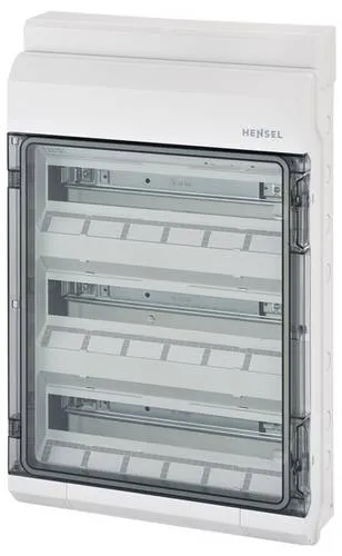 Hensel KV 3554 Kleinverteiler Aufputz - 3-reihiger Aufputz-Verteiler mit 54 Teilungen, aus hochwertigem Thermoplast, ideal für die Installation in Gebäuden und im Freien. Schutzart IP 54 für maximale Sicherheit.