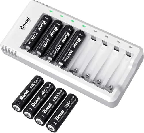 BONAI Akku Ladegerät AA AAA NI-MH NI-Cd Akkuladegerät Battery Charger LED Anzeige USB Schnell Ladung Batterieladegerät mit AA Akku 2800mah 8 Stück