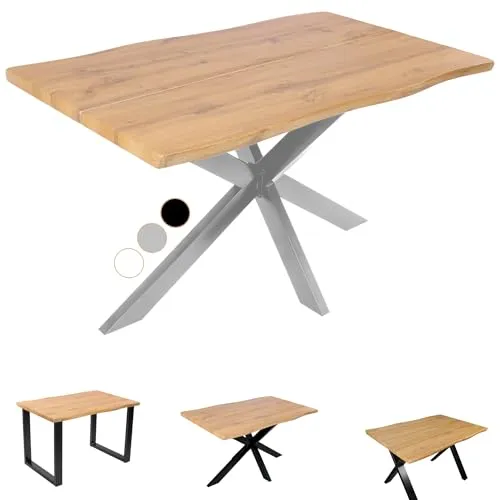 Esstisch Dua | 140 x 80 cm | Wildeiche-Optik mit Baumkante - Moderner Esstisch Dua mit 140 x 80 cm in Holzoptik und stabilen Spider-Gestell aus silbernem Metall. Die 40 mm starke Tischplatte mit gefräster Baumkante bietet elegante Funktionalität für Ess- und Arbeitsbereiche.