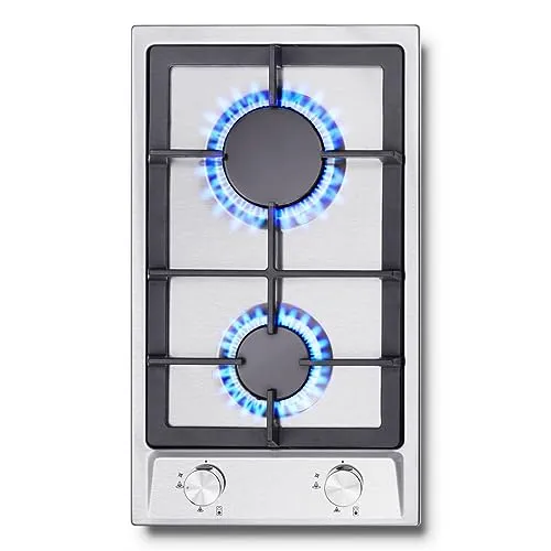 SNDOAS Gaskochfeld, Edelstahl Gasherd mit Automatischer Flammenschutz, Gaskochfeld 2 flammig, Erdgas und Propangas, Einbau oder freistehend, 2400 W/1800 W, 220-240V
