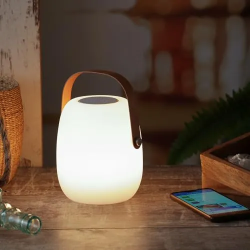 LED Tischleuchte mit Lautsprecher - Bluetooth - 6 warmweiße LEDs - Tischleuchten für Garten und Balkon mit integrierten Bluetooth-Lautsprecher und spritzwassergeschütztem Gehäuse. Genießen Sie Musik und gemütliches Licht bei lauen Sommerabenden!