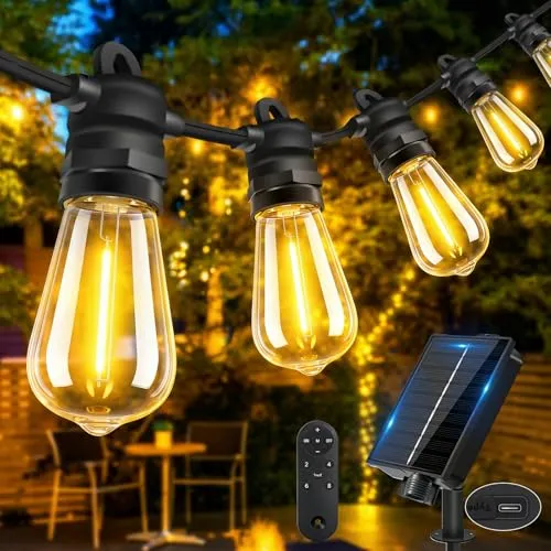 Bowfar Lichterkette Außen Solar, 10M 16+1 ST38 Glühbirnen Solar Lichterkette Aussen mit Fernbedienung, IP68 Wetterfest Solarlichterkette 8 Modi Garten Beleuchtung für Balkon Terrasse Outdoor Deko