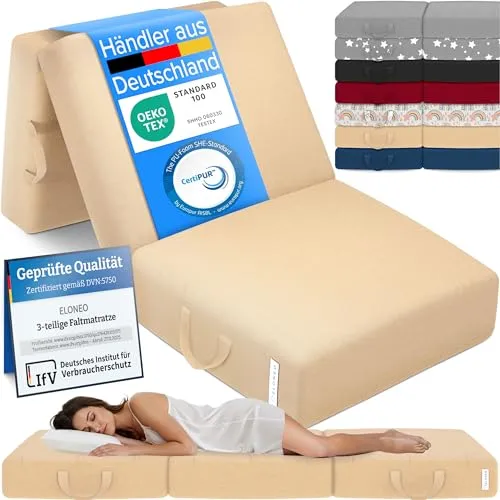 ELONEO Klappmatratze 3-teilig, 15 cm hoch - Vielseitige Gästematratze mit dickem Schaumstoffkern für hohen Schlafkomfort. Ideal für Zuhause oder beim Camping, leicht transportierbar und mit waschbarem Bezug für einfache Pflege.