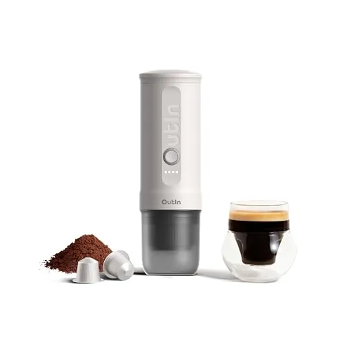 OutIn Nano Tragbare Espressomaschine mit Akku – Perfekter Espresso für unterwegs - Die OutIn Nano Espressomaschine ist leicht und kompakt, ideal für Reisen. Mit USB-C-Selbsterhitzung für schnellen Genuss und kompatibel mit gemahlenem Kaffee sowie Kapseln. Genießen Sie perfekten Espresso, wo immer Sie sind!