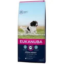 Eukanuba Hundefutter mit frischem Huhn für mittelgroße Rassen, 15 kg - Premium Trockenfutter für ausgewachsene Hunde (10-25 kg) mit L-Carnitin zur Gewichtskontrolle und DentaDefense für gesunde Zähne. Unterstützt glänzendes Fell und gesunde Haut.