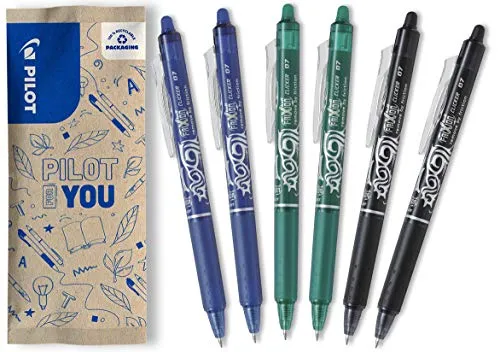 PILOT FriXion Clicker 0.7 – 6 Stück – Farben 2x Blau/Schwarz/Grün – Radierbarer, nachfüllbarer Gel-Tintenroller mit Druckmechanik und thermosensitiver Tinte, mittlere Spitze
