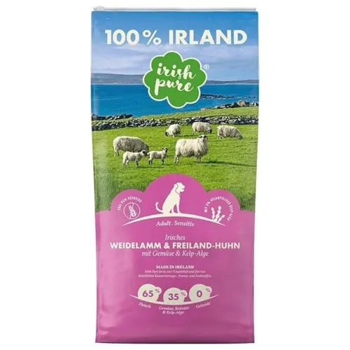 Trockenfutter Irish Pure | Irisches Weidelamm & Freiland-Huhn - Hundefutter mit 65% Fleischanteil aus Freilandhaltung, 32% frischem Gemüse & Kräutern sowie 3% Kelp-Alge für optimale Gesundheit und Wohlbefinden.