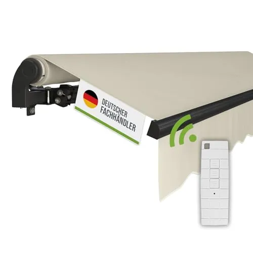 empasa Elektrische Gelenkarmmarkise 'Start Plus' – Elfenbein, 400 x 250 cm - Motorisierte Gelenkarmmarkise mit Fernbedienung, komplett vormontiert und stabil. Wetterfester Polyesterstoff sorgt für UV-Schutz und schnelle Trocknung. Perfekt für individuellen Sonnenschutz im Außenbereich.