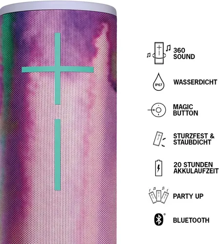 Logitech Ultimate Ears MEGABOOM 3 - Tragbarer Bluetooth-Lautsprecher mit 360° Sound - Lautsprecher in Unicorn-Farbe, bietet beeindruckenden 360° Sound und ist ideal für Partys im Freien.