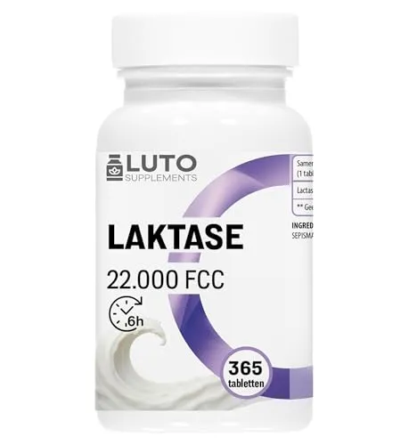 LUTO Supplements Laktase 22.000 Depot – 365 Tabletten - Praktisches Nahrungsergänzungsmittel mit Laktase für milchhaltige Mahlzeiten. Jahresvorrat mit 365 Tabletten und innovativer Slow Release-Formel für eine einfache Handhabung.