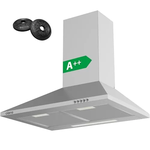 CIARRA CBCS6201 A++ Dunstabzugshaube 60 cm Umluft 370 m³/h - Moderne Edelstahl-Pyramide Dunstabzugshaube mit 370 m³/h Saugkraft, energiesparend und leise mit nur 62 dB(A). Ideal für effektive Luftzirkulation in Ihrer Küche.