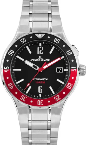 Jacques Lemans Hybromatic Herren Armbanduhr 1-2109F Silber/Schwarz - Chronographen mit sportlichem Design, automatischem Uhrwerk und 10 ATM Wasserdichtigkeit – ideal für aktive Herren.