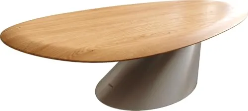 DELIFE Couchtisch Edge Oval 140x75 cm aus Eiche Natur mit Edelstahlgestell - Eleganter ovaler Couchtisch aus hochwertiger Eiche mit abgerundeten Kanten. Das skulpturale Edelstahlgestell sorgt für Stabilität und modernes Design. Perfekt für gesellige Runden im Wohnzimmer.