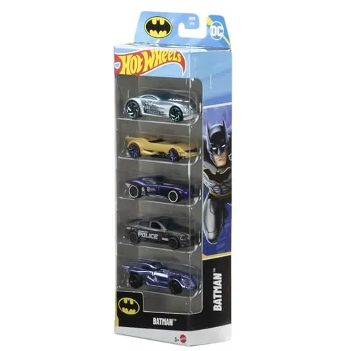 Hot Wheels Batman Spielzeugautos im 5er-Pack, Set aus 5 Die-Cast-Fahrzeugen im Maßstab 1:64 im Batman-Design, einschließlich des Batmobiles, JDR18, [Mehrfarbig]