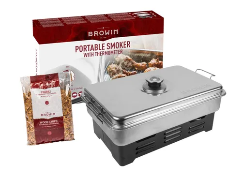 BROWIN® Edelstahl Tischräucher-Set mit Thermometer 330010 - Grillzubehör – Kompakter Tischräucherofen für köstliches Räuchern von Fisch, Fleisch und Käse, inklusive Thermometer und Holzhackschnitzel, ideal für Balkon und Camping.