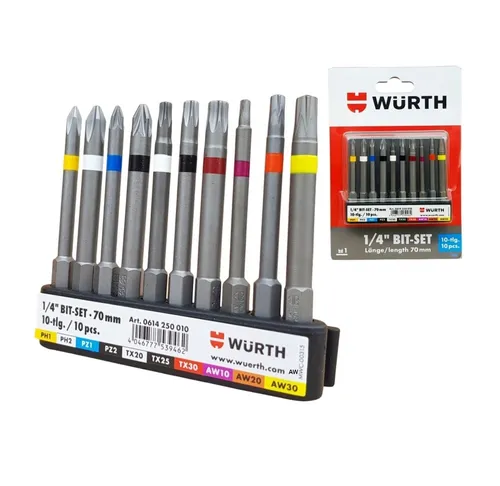 Würth Bit Set Sortiment mit 70mm langen Bits - Werkzeug-Sets mit hochwertigen AW, TX, Torx, PH und PZ Bits - ideal für professionelle Anwendungen und langlebige Nutzung.