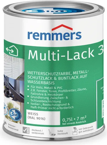 Remmers MULTI-LACK 3IN1 - 0.75 LTR in Weiß (RAL 9016) - Farben & Lacke, vielseitiger 3-in-1 Lack für hervorragenden Schutz und dekorative Optik auf Holz und Metall.