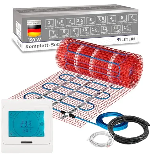 VILSTEIN® Elektrische Fußbodenheizung 150W/m² – Flexibel für alle Bodenarten - Premium Elektro-Fußbodenheizung mit IP67-Schutz. Ideal für Laminat, Fliesen und mehr. Dünn, zuschneidbar und einfach zu verlegen. Perfekt für nachträgliche Installationen in Wohnbereichen und Bädern.