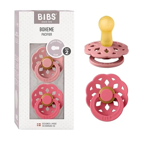 BIBS Boheme Schnuller 2er-Pack. BPA-frei, Kirschform Nippel. Naturkautschuk/Latex, Hergestellt in Dänemark, Größe 2 (6-18 Monate), Dusty Pink/Coral
