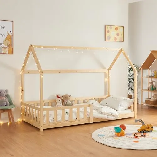 [en.casa] Kinderbett Hesel Hausbett 90 x 200 cm - Kleinkindbett aus Kiefernholz mit charmantem Hausdesign und Rausfallschutz für sicheren Schlafplatz. Ideal für ein gemütliches Kinderzimmer.