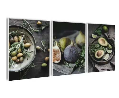 artissimo, Bilderset 3er-Set, PE6754-DS, 3 Bilder 30x40cm, moderne Bilderwand, Wandbilder-Set Küche 3-teilig, Küchendeko modern, Küchenbilder industrial style, grün, Essen, Soulfood